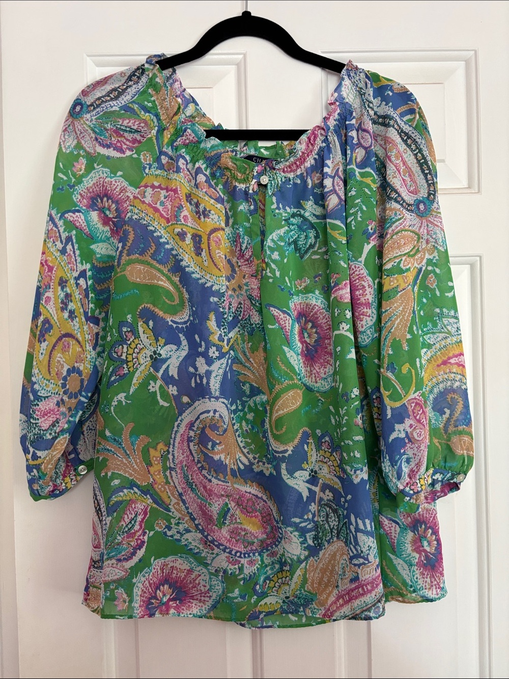 Chaps Green Blue Multi Paisley Peasant Blouse